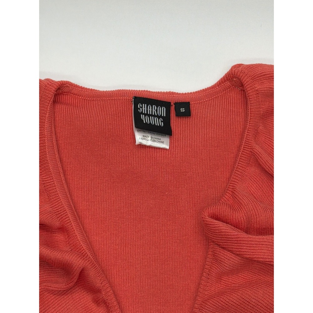 Sharon Young Womens Coral Silk Ruffle Front Ribbed 3/4 Sleeve Cardigan Small NWT - Picture 3 of 11